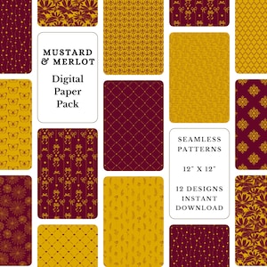 Carta stampabile per album di ritagli romantici / Motivi senza soluzione di continuità giallo bordeaux / Carta decorativa da scaricare digitalmente / Uso commerciale
