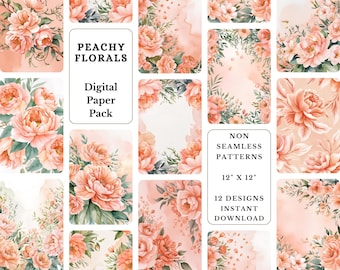 Paquete de papel de acuarela floral color melocotón: fondos para álbumes de recortes (descarga digital)