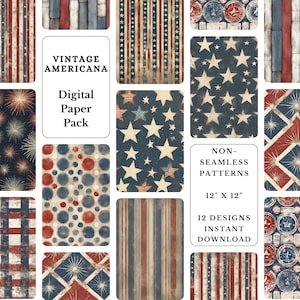 Pacchetto di carta digitale Vintage Americana / sfondi vintage a stelle e strisce / carta per scrapbooking del 4 luglio
