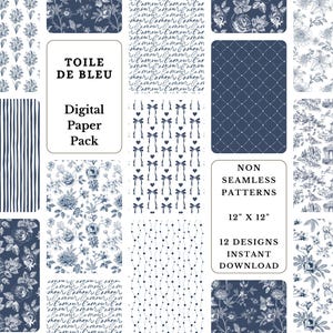 Blue Toile Digital Paper | Coquette Bow Seamless Patterns | Toile Baby Shower | Digital Scrapbooking | Blue and White Printable Paper Set