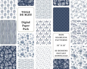Blue Toile Digital Paper: Coquette Bow Seamless Patterns (Digital Download)