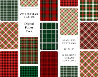Digitalt papperspaket med julpläd: Sömlösa tartanmönster (digital nedladdning)