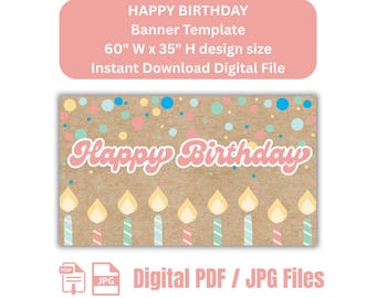 Può includere: Modello di banner digitale con la scritta "Happy Birthday" in un font giocoso. Il design include candele e coriandoli su sfondo marrone. Il banner è largo 152 cm e alto 89 cm.