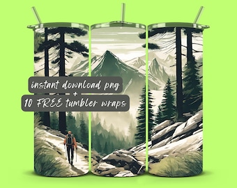 Mountain Hiking Tumbler Wrap: 20 oz Skinny Tumbler PNG (Digital Download)