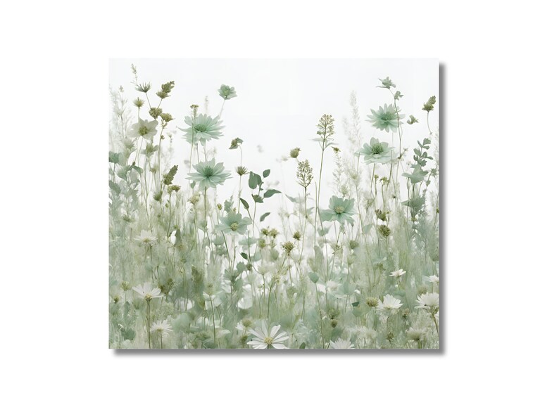 May include: A field of white and green wildflowers with a blurred background.