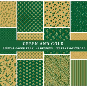 May include: A digital paper pack featuring 12 green and gold patterns. The designs include leaves, hearts, geometric shapes, and stripes.