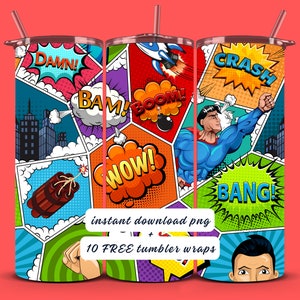 Comic Tumbler Wrap PNG, super hero tumbler wrap, comic book sublimation wrap