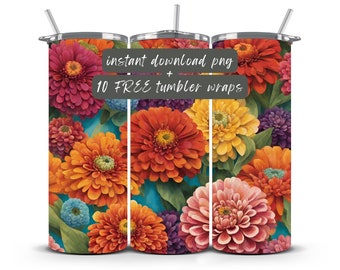 Flower tumbler wrap png, 3D tumbler wrap zinnia flowers, floral sublimation