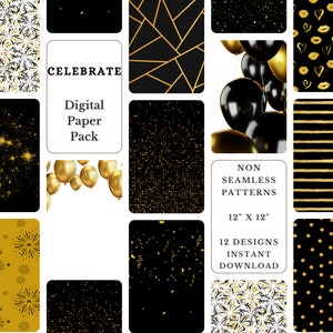 celebration digital paper pack, New Year's digital backgrounds, black and gold party paper pack