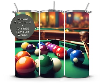 Billiards Tumbler Wrap: Pool Player Gift, 20oz Skinny Tumbler (Digital Download)