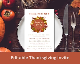 Invitación editable de Acción de Gracias: Cena de Acción de Gracias de otoño (Descarga digital)