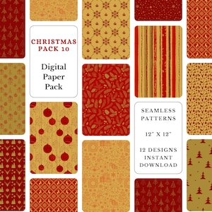 Pacote de papel digital de Natal vermelho e dourado: fundos para scrapbook de Natal (download digital)