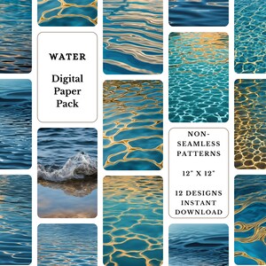 Puede incluir: Un paquete de papel digital con diseños temáticos de agua. La imagen muestra 12 patrones no continuos, cada uno de 30,48 cm x 30,48 cm, con diversas texturas y colores de agua, incluyendo azul y dorado. El texto en la imagen dice "WATER Digital Paper Pack".