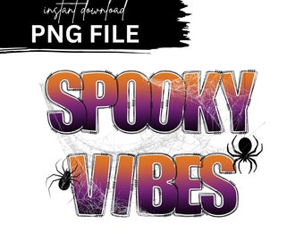 May include: Orange and purple gradient text that reads "Spooky Vibes" with a spider web design and two black spiders.