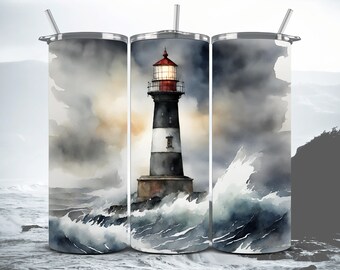 Watercolor Lighthouse Tumbler Wrap: Coastal Design (PNG Digital Download)