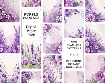 Purple Floral Watercolor Paper Pack: 12x12 Scrapbook Backgrounds (Digital Download)