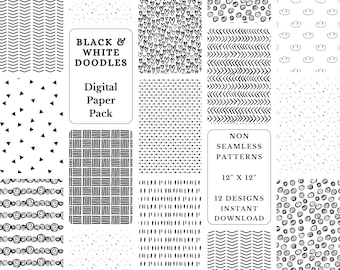Black & White Doodle Digital Paper Pack: Seamless Patterns (PNG Files)