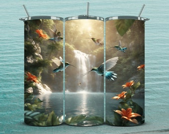 Kolibri Wasserfall Tumbler Wrap: 3D Sublimationsdesign (Digitaler Download)
