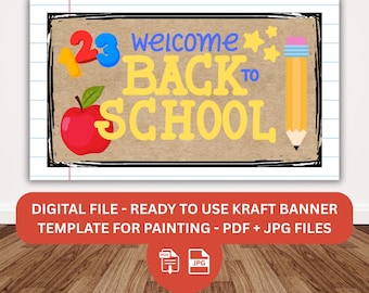 Puede incluir: Un cartel de Regreso a Clases con un fondo de papel kraft. El cartel presenta las palabras "welcome BACK TO SCHOOL" en amarillo, junto con una manzana roja, un lápiz amarillo y los números "23". El cartel está sobre un fondo de papel blanco.