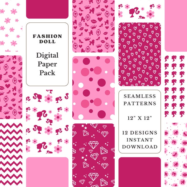 Fashion Doll Digital Paper Pack Barbie Seamless Patterns Instant Download Dollhouse Scrapbook Barbie Inspired