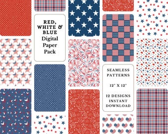 Red White Blue Scrapbook Paper: July 4th Seamless Patterns (Digital Download)