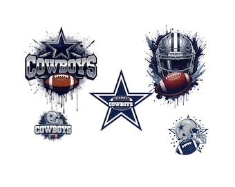 May include: Multiple graphic designs featuring the Dallas Cowboys football team logo. Designs include the team name, a star, a football, and a helmet. The color scheme is primarily navy blue, silver, and brown.