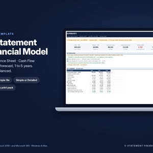 Op de afbeelding: Een digitaal 3-Statement financieel model Excel-sjabloon weergegeven op een laptopscherm. De interface toont een samenvattend dashboard met financiële statistieken, P&L, balans en kasstroomgegevens. Tekst bevat 'Excel Template', '3-Statement Financial Model', 'P&L', 'Balance Sheet', 'Cash Flow', 'Actuals + forecast', '1 to 5 years', 'Always balanced', 'Blank + Sample file', 'Simple or Detailed' en 'Bank-ready print pack'.