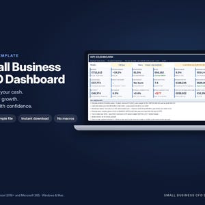 Può includere: Un modello Excel digitale per una dashboard finanziaria per piccole imprese visualizzato sullo schermo di un portatile. L'interfaccia presenta metriche finanziarie, dati KPI e messaggi chiave in un layout a griglia su sfondo scuro.