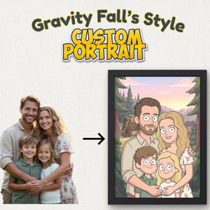 Puede incluir: Retrato personalizado enmarcado al estilo de Gravity Falls, que representa a una familia de cuatro. La imagen muestra una comparación de antes y después, con la foto original a la izquierda y el retrato de dibujos animados a la derecha.