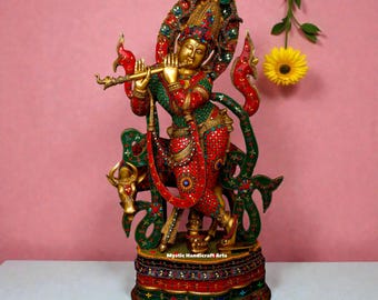 Gran estatua de Krishna Venugopal de latón con vaca / Ídolo Murari de 87 cm