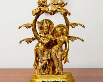 Large Brass Radha Krishna Tree Statue | 45 cm Shyam Radhika Murti