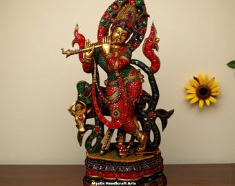 Estatua de latón de Venugopal Krishna con vaca / 87 cm Señor Shyamsundar tocando la flauta