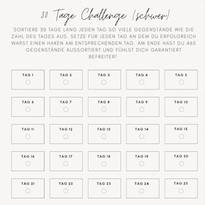 Könnte beinhalten: Beige 30-Tage-Challenge-Diagramm mit dem Titel "30 Tage Challenge (schwer!)". Es zeigt 30 Kästchen mit Kreisen zum Markieren des Fortschritts. Die Tabelle mit deutschen Anweisungen fördert das Entrümpeln.