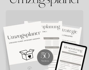 May include: A collection of white paper documents and a tablet with the text "Umzugsplaner" and "Renovierung" in black. The documents include a moving box graphic and the text "50 Seiten". The tablet displays a checklist.