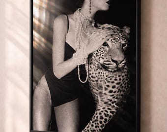 Luxury Black and White Fashion Wall Art, Woman with Leopard Print, Modern Glamour Poster, Editorial Style Art, Digital Download