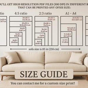 Puede incluir: Gu&iacute;a de tallas con dimensiones para arte imprimible en varias proporciones, incluyendo 11:14, 4:5, 2:3, A1-A4 y 3:4. El tama&ntilde;o del sof&aacute; es de 216 cm. El texto dice: "&iexcl;Cont&aacute;ctame para una impresi&oacute;n personalizada!"