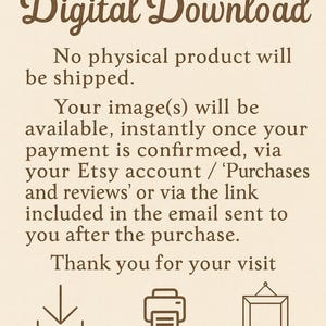 Puede incluir: Anuncio de descarga digital de color crema con texto marr&oacute;n. El texto dice "Descarga digital" y explica que no se enviar&aacute; ning&uacute;n producto f&iacute;sico. Incluye iconos para descargar, imprimir y enmarcar.