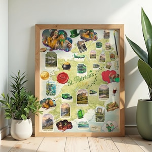 Op de afbeelding: Een ingelijste St. Patrick's Day-kaart met illustraties van Ierse bezienswaardigheden en culturele symbolen. De kaart bevat afbeeldingen van de Cliffs of Moher, Blarney Castle en een pot goud. De woorden "St. Patrick's Day" staan op de kaart.