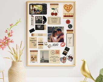 Könnte beinhalten: Ein gerahmtes Collage mit verschiedenen Andenken, darunter Fotos, Streichholzschachteln und Ticket-Stubs. Die Collage zeigt ein Foto eines Paares, eines Welpen und des Eiffelturms. Der Text enthält "LOVE", "XOXO" und "CINEMA 500 DAYS OF SUMMER".
