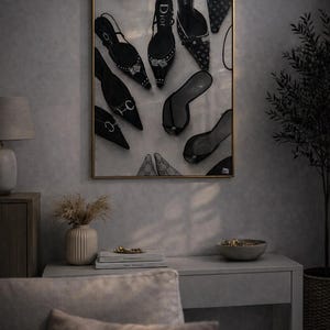 Puede incluir: Una obra de arte enmarcada que presenta una colecci&oacute;n de zapatos de tac&oacute;n negros y blancos. Los zapatos, incluyendo stilettos y sandalias, est&aacute;n dispuestos en una composici&oacute;n elegante. La obra se exhibe en un espacio con tonos neutros.