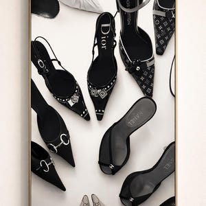 Puede incluir: Imagen enmarcada que presenta una colecci&oacute;n de zapatos de dise&ntilde;o en blanco y negro. La colecci&oacute;n incluye varios estilos de tacones, sandalias y zapatos planos, mostrando marcas como Dior, Louis Vuitton, Chanel y Gucci. Los zapatos est&aacute;n dispuestos sobre un fondo blanco.