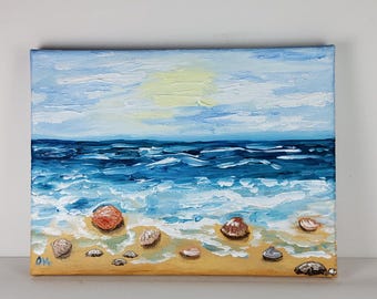 Sea Shells Beach Original Oil Painting 7x9 inches, Textured Impasto Ocean Wall Art