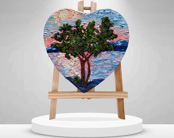 Lake Garda Sunset Tree Mystical Pink Sky Seascape Heart Miniature Original Oil Painting Stretched Canvas