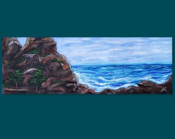 Panorama de olas del océano y rocas, pintura al óleo original, gran paisaje marino, lienzo enrollado de 12x35".