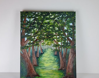 Park Alley, dipinto a olio originale 8x10, tecnica a impasto materico, albero, arco, arte murale naturalistica