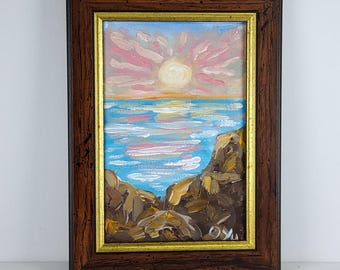 Peinture à l'huile originale miniature sur toile 4 x 6, cadre décoratif, cadre décoratif