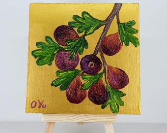 Miniatura originale di un dipinto ad olio su sfondo di foglie d'oro raffigurante fichi, ideale come piccola decorazione da parete per la cucina.