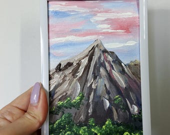 Dolomiti, Italia, Miniatura, Dipinto ad olio originale, Tramonto rosa, Picco, Impasto, Tela 4x6