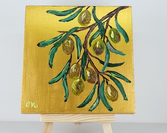 Olivenzweig Blattgold Hintergrund Miniatur Original Ölgemälde, kleine Küche Wandkunst