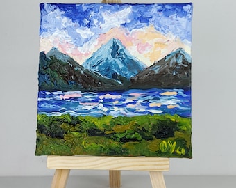 Mountain Peak Miniature Original Oil Painting, Blue Alps Sunset Art, Impasto Canvas Landscape Decor